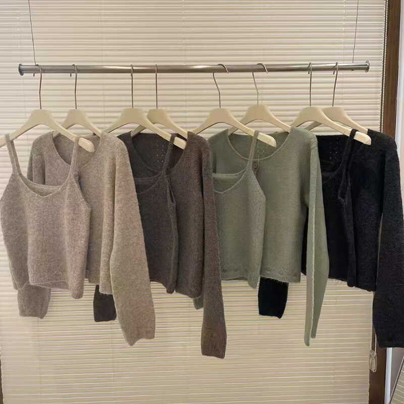 法式温柔风吊带背心两件套毛衣小个子短款百搭针织开衫两件套韩系