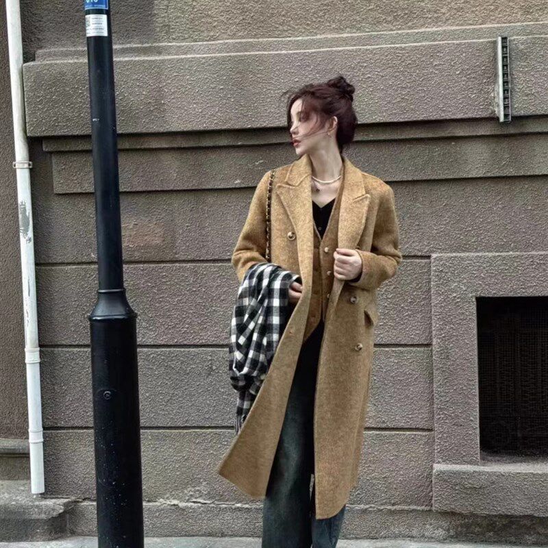 韩系气质显瘦双面羊绒大衣马甲两件套中长款秋季羊毛呢西装外套女