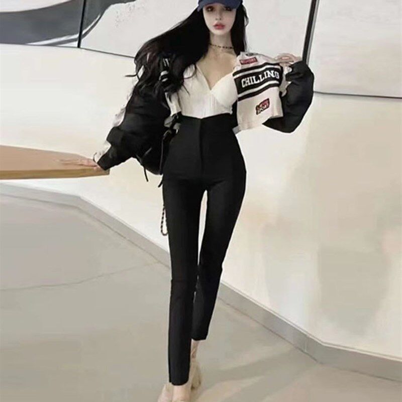 黑色紧身西装裤女2025年春秋新款韩版百搭修身显瘦高腰弹力小脚裤