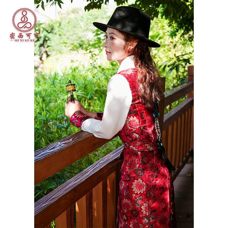 密西可可 藏式博拉西藏服女锅庄裙双色花藏装百搭藏服藏族服装女