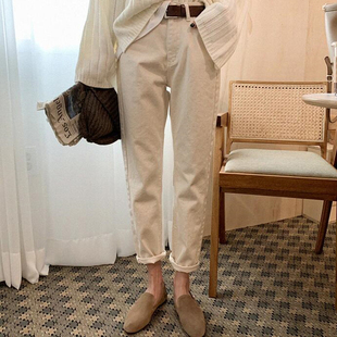 布琳家米白色牛仔裤 子 女直筒宽松秋冬加绒高腰显瘦哈伦九分老爹裤