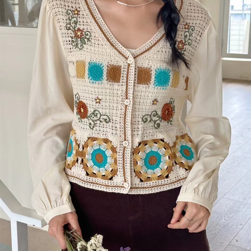 森系文艺范重工钩花镂空针织开衫女秋季新款宽松百搭V领长袖上衣