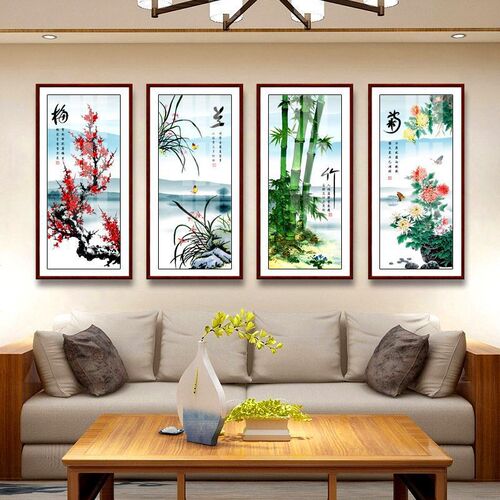 梅兰竹菊四d联客厅装饰画新中式书房茶室壁画沙发背景墙现代简约