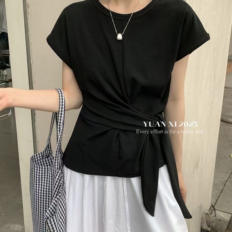 元熙8330韩版设计感绑带圆领套头上衣短袖T恤女夏季新款百搭上衣
