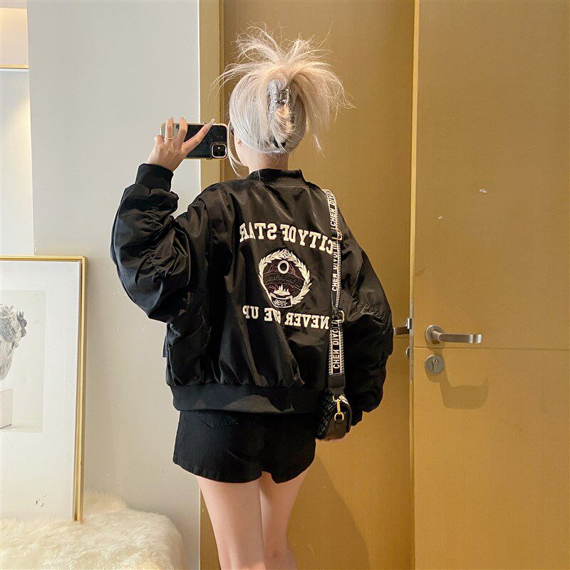 棒球服外套女2025新款秋季美式潮牌刺绣宽松短款黑色秋冬冲锋衣
