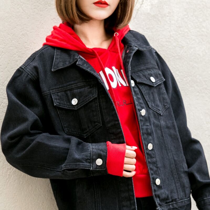 2021春秋季新款黑色的牛仔外套女宽松流行大码bf休闲牛仔衣夹克潮