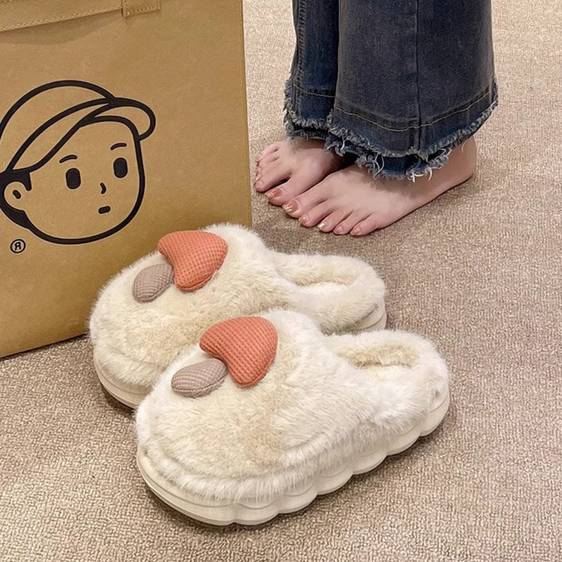 可爱蘑菇棉拖鞋女2024新款冬季毛绒保暖防滑厚底室内家用包头拖鞋