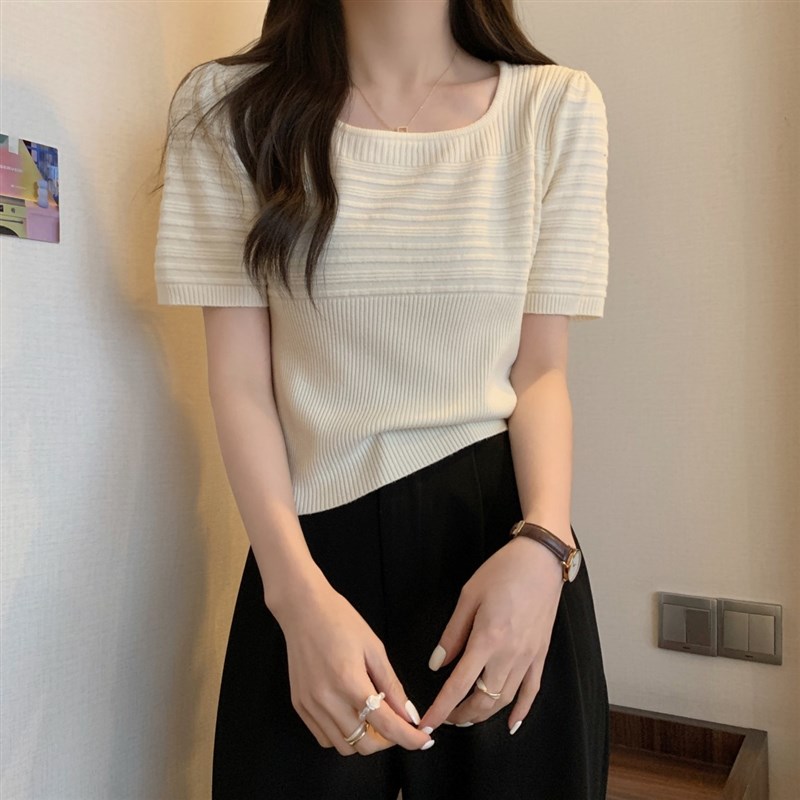 2025春夏季韩系法式别致方领上衣白色泡泡袖短款针织衫短袖女t恤