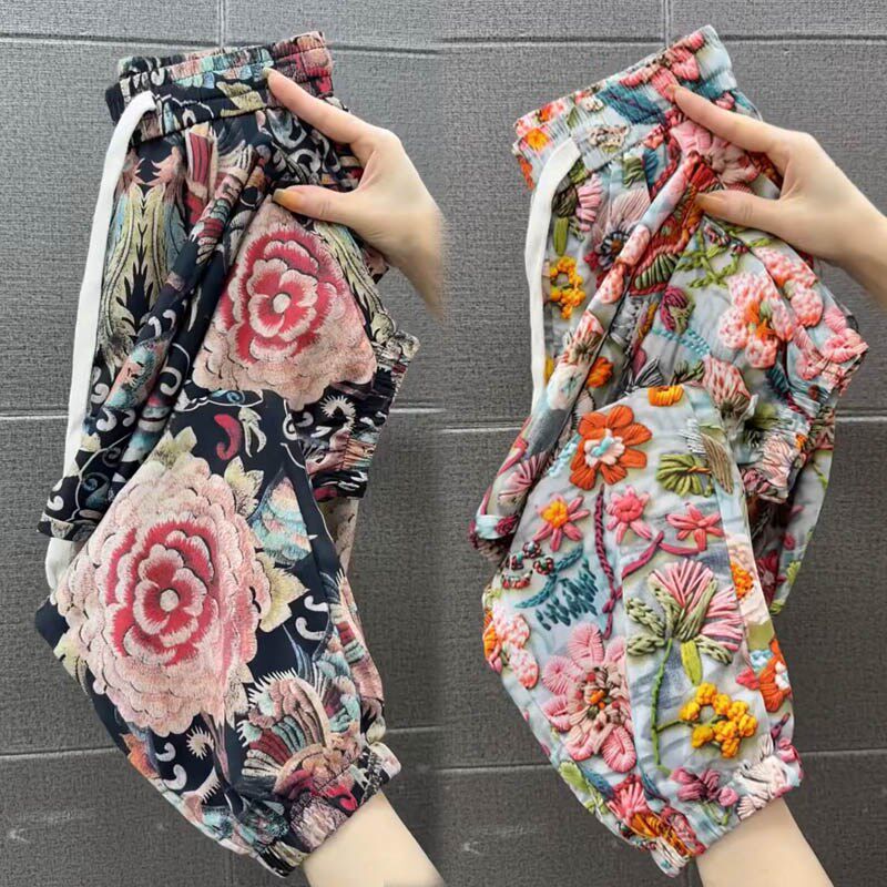 碎花九分速干休闲裤女夏季新款高腰显瘦束脚哈伦裤宽松洋气运动裤