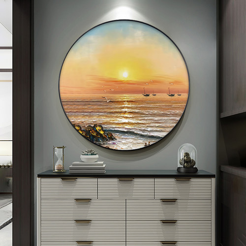 圆形装饰画现代玄关简约竖版日出海景F走廊过道壁画墙画挂画晶瓷