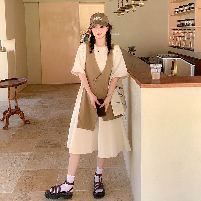 假两件连衣裙女夏季2025新款胖妹妹大码遮肚显瘦微胖女生穿搭裙子
