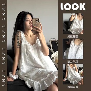 少女甜美木耳边吊带睡裙夏天睡衣女夏款新款白色连衣裙家居服裙子