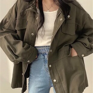 设计感工装风衣女2023秋季韩版小众设计感大衣宽松显瘦军绿色外套