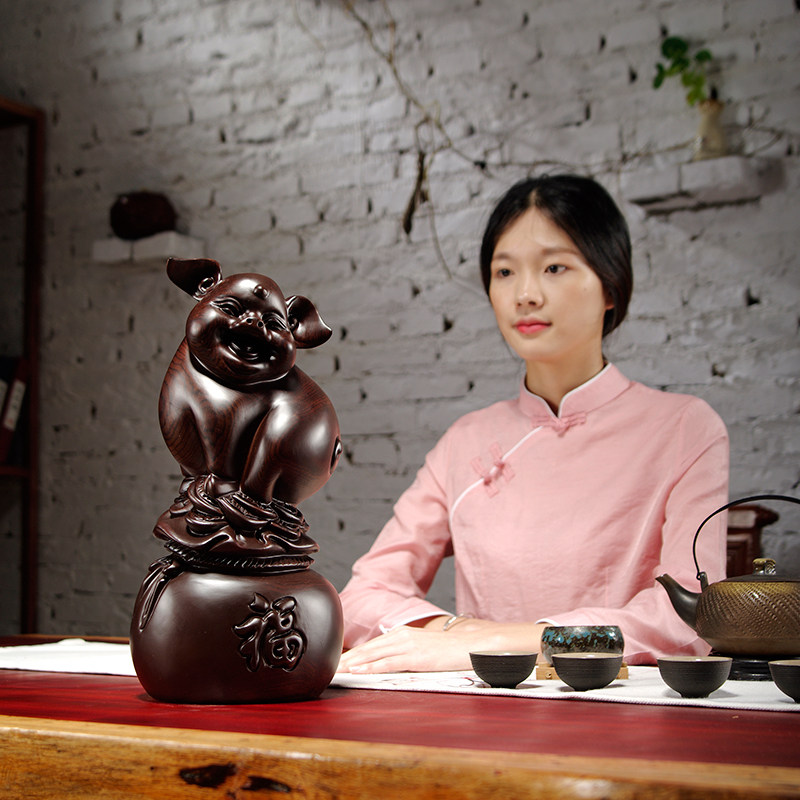 黑檀木雕猪摆件实木质生肖动物猪家D居客厅装饰红木工艺品开业送