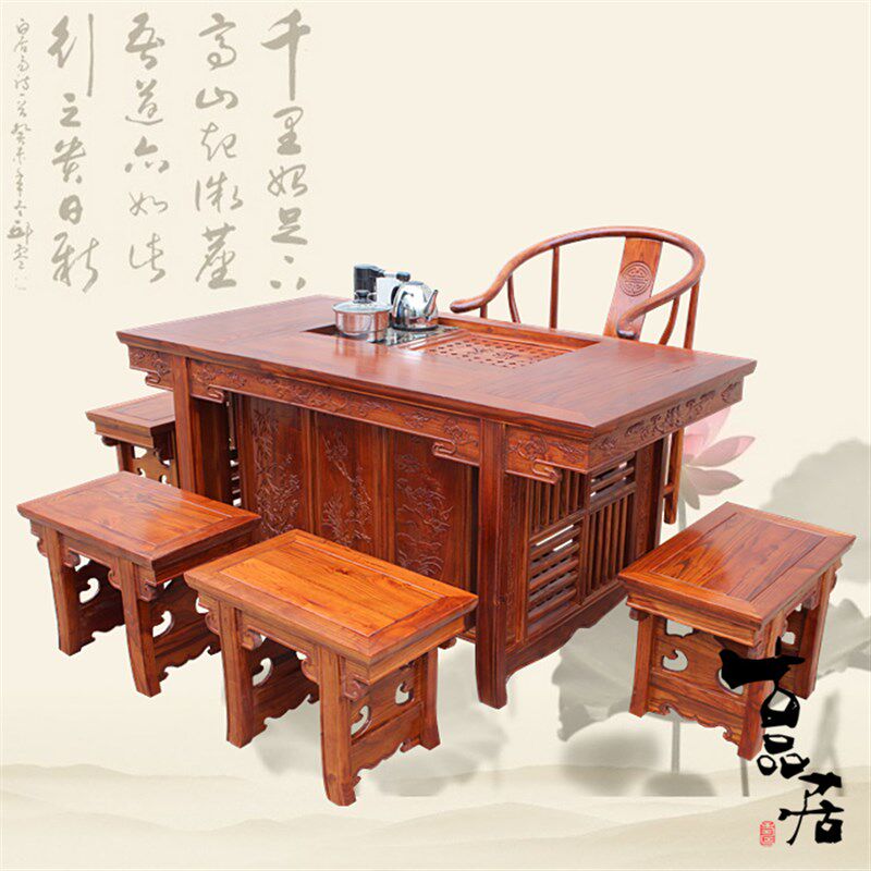 明清仿古榆木家具 将军台功w夫茶桌实木茶艺桌 中式茶桌椅六件套