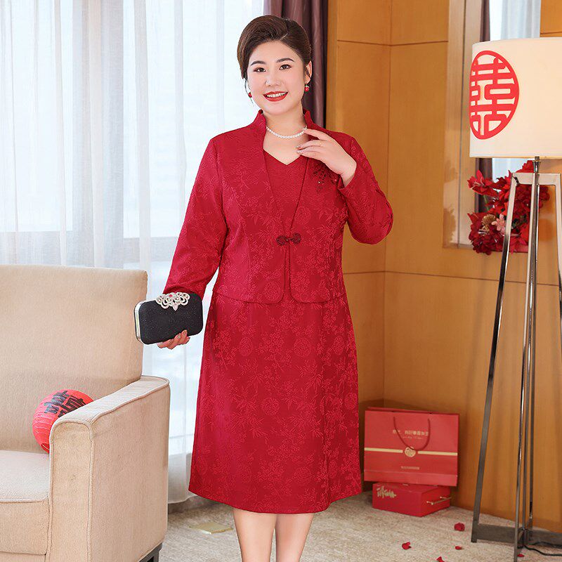 Q胖mm大码春季婚宴装连衣裙喜庆加肥显瘦妈妈时尚绣花结婚礼服裙