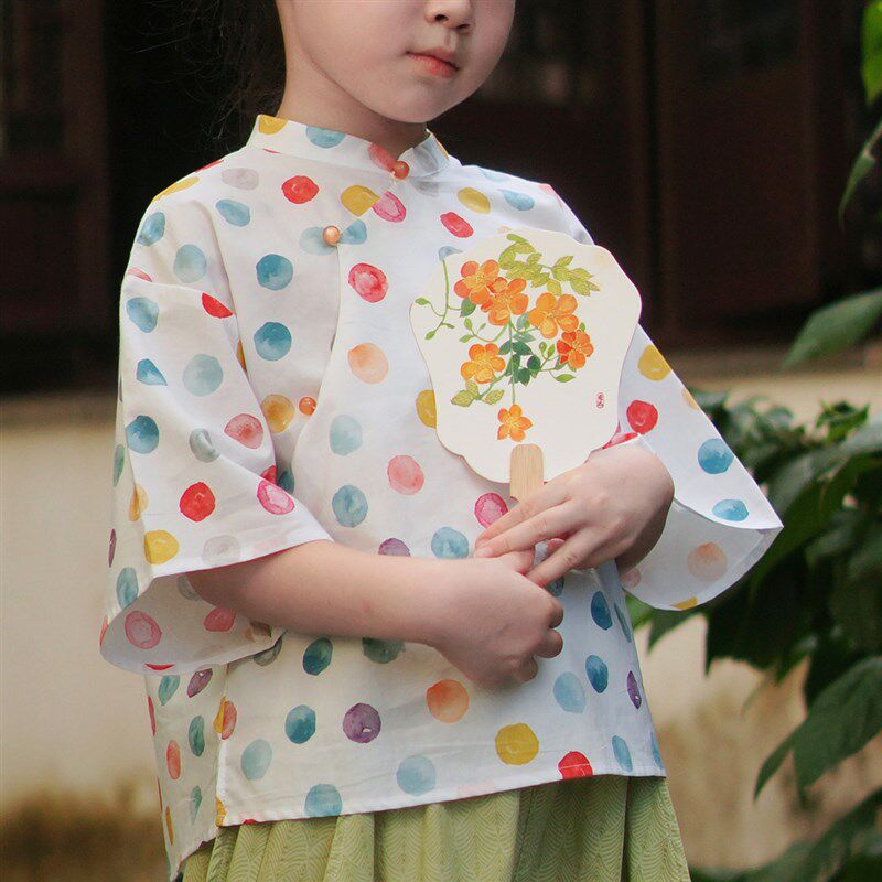 毛小姐 夏秋女童新中式上衣中袖小衫 清新彩色波点 国风汉服纯棉