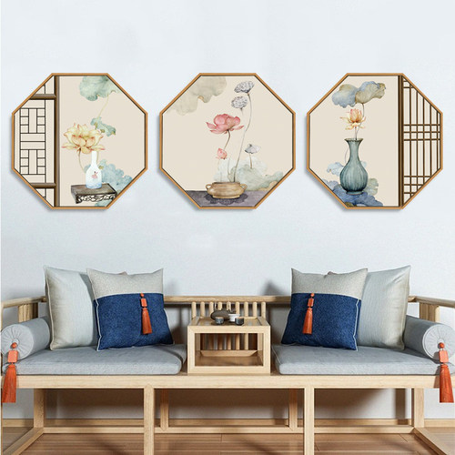 新中式玄关装饰画八n边形餐厅古典花鸟过道壁画客厅茶室背景墙挂