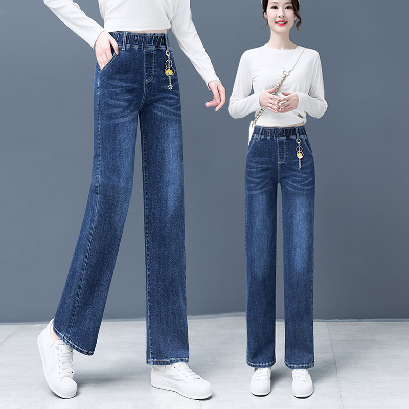 秋季新品松紧带牛仔裤女高腰弹力宽松新款直筒裤显瘦拖地裤长裤子