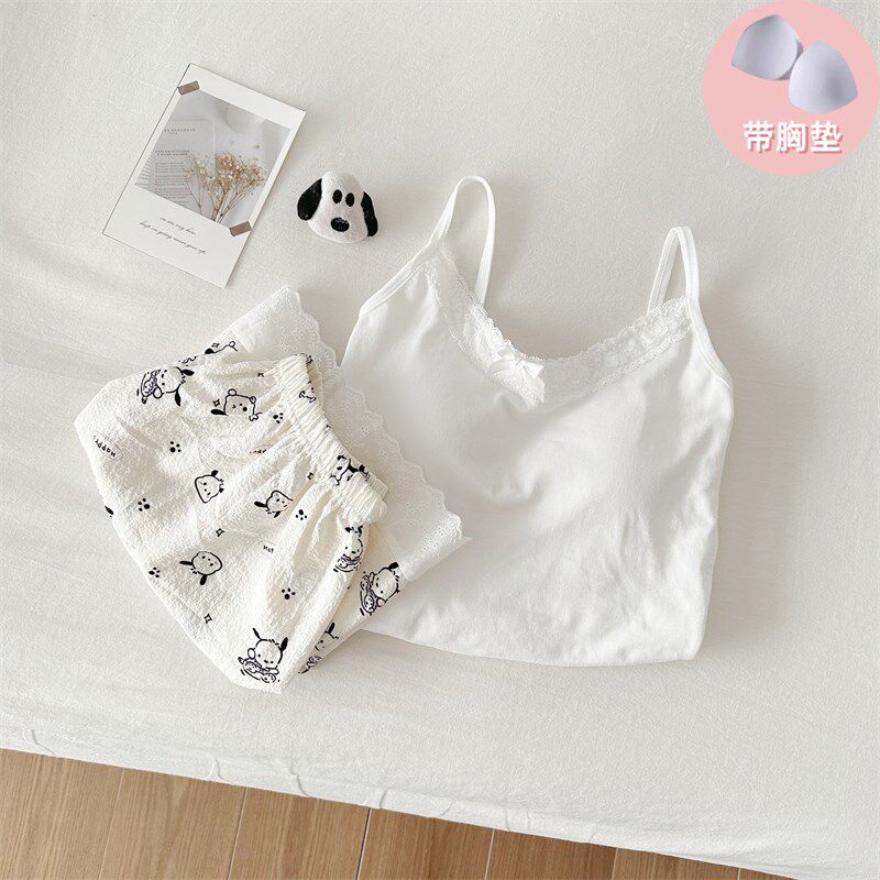 睡衣女夏季2024款带胸垫一体甜美吊带短款背心短裤纯棉家居服套装