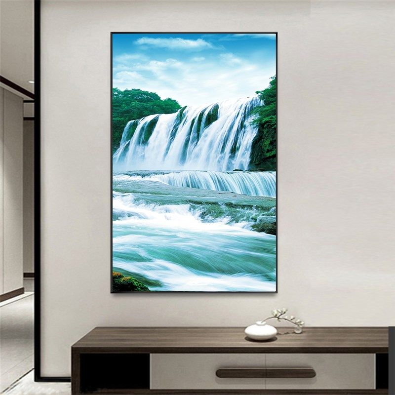 流水生财黄d果树瀑布聚宝盆风景画客厅走廊过道玄关装饰晶瓷框挂