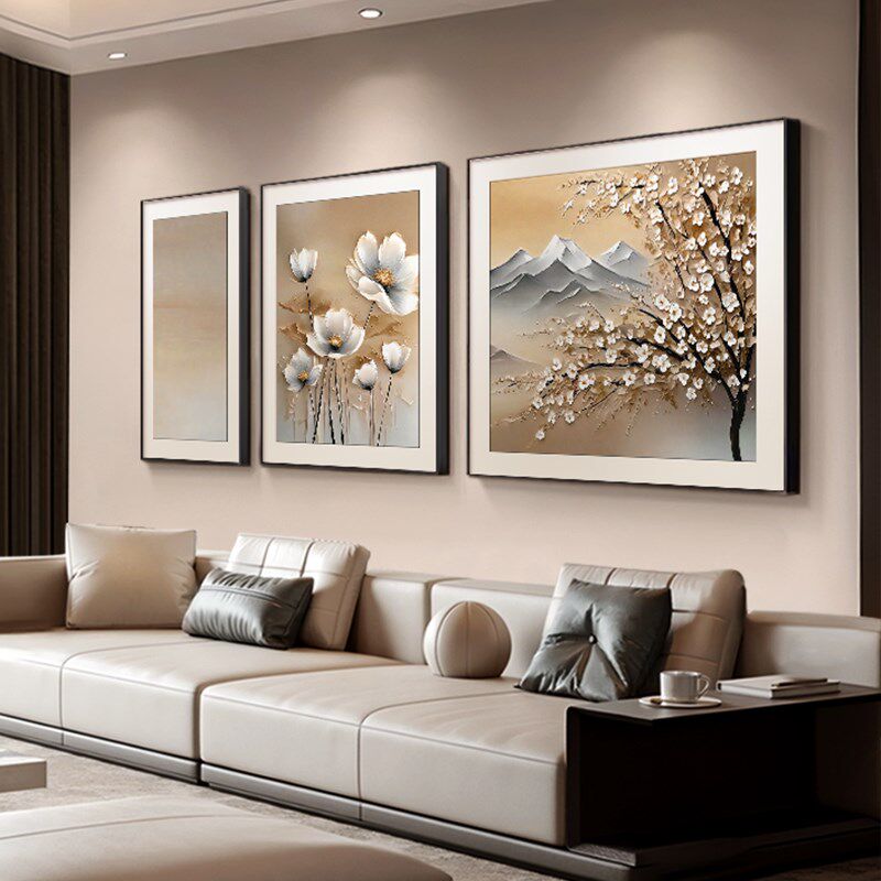 抽象花卉肌理感客厅装饰画背有靠山沙发背景墙挂画现代轻奢三联画
