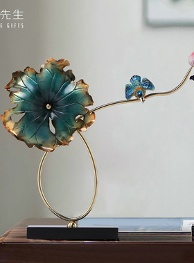荷韵翠鸟铜摆件工艺品新中式客厅书D房办公室摆件乔迁新居开业礼