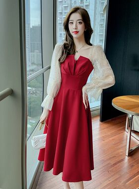秋礼服裙女宴会气质法式优雅聚会日常长袖小个子网纱中长款a字裙