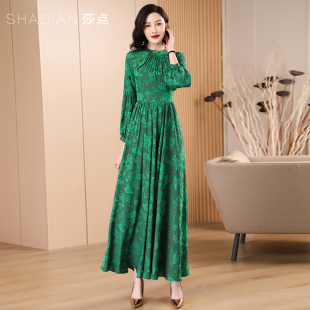 收腰气质碎花大摆裙 显瘦长袖 绿色长裙女2025年春秋新款 连衣裙长款