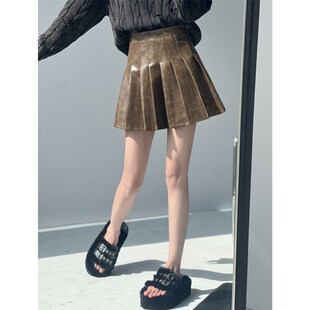 美拉德棕擦色pu皮半身裙女秋冬小众高腰A字裙小个子显瘦百褶短裙