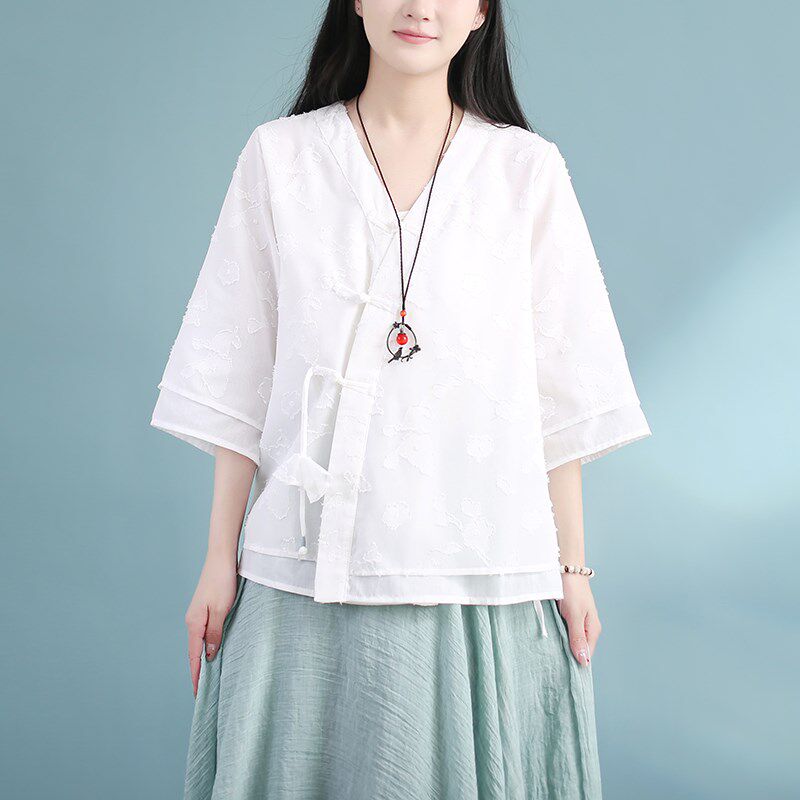 2023春夏雪纺花苞吊坠盘扣V领开衫女中国风复古休闲宽松上衣茶服