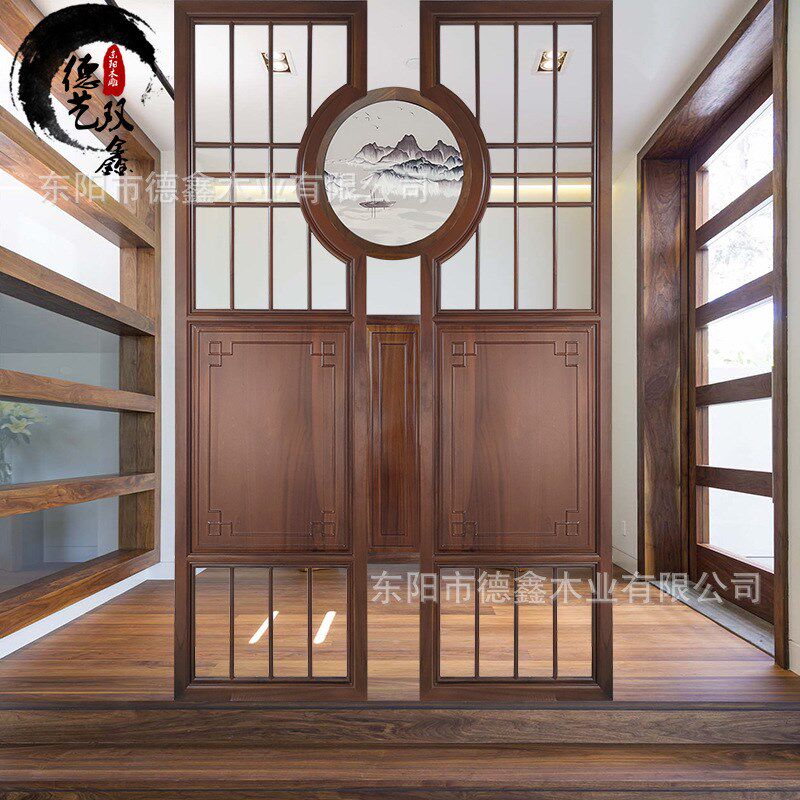 仿古雕花新中式i实木隔断日式移动木质花格客厅办公室入户布艺屏