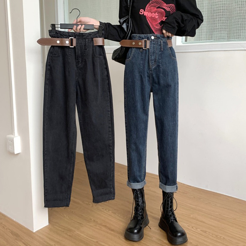 哈伦牛仔裤女2022年秋冬新款大码胖mm高腰显瘦宽松阔腿萝卜老爹裤
