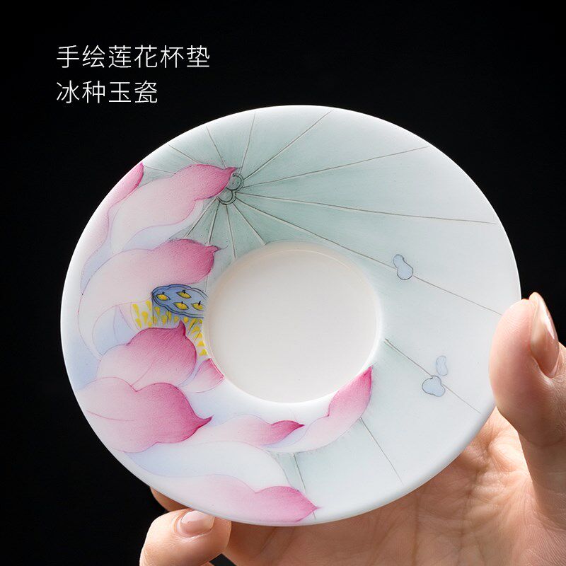 妙莲天香冰d种玉瓷一碟一杯手绘莲花主人杯个人陶瓷喝茶杯
