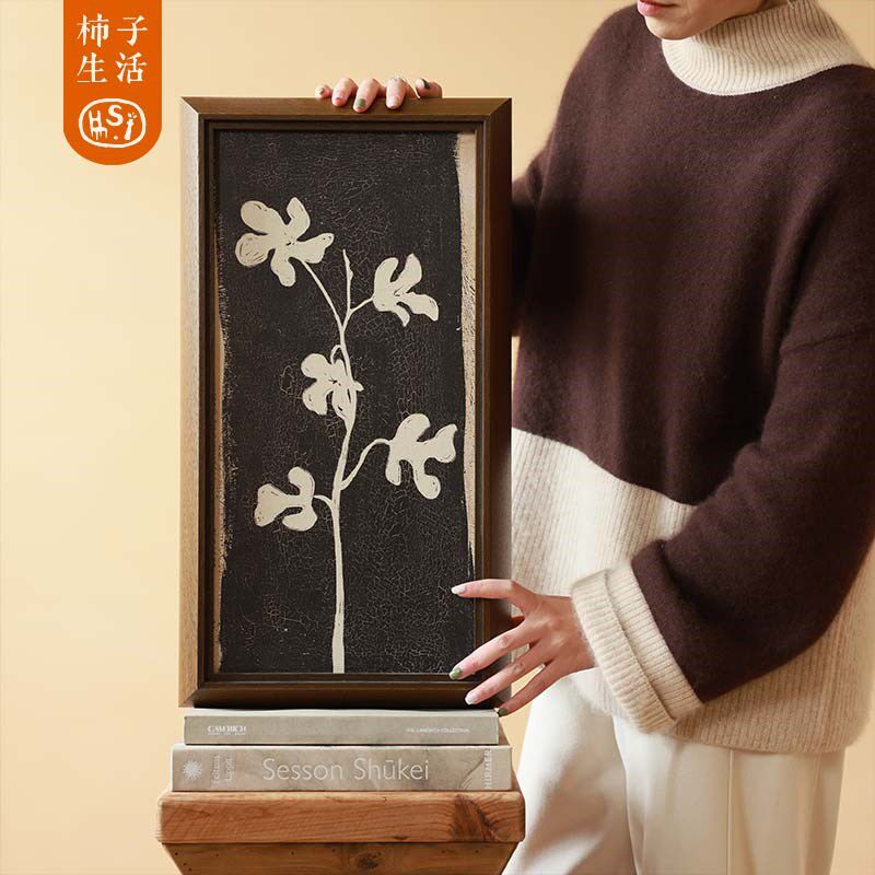 柿子生活 花花 法式中国风做旧抽象艺术客厅沙发背景墙实木装饰画