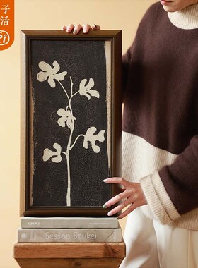 柿子生活 花花 法式中国风做旧抽象艺术客厅沙发背景墙实木装饰画