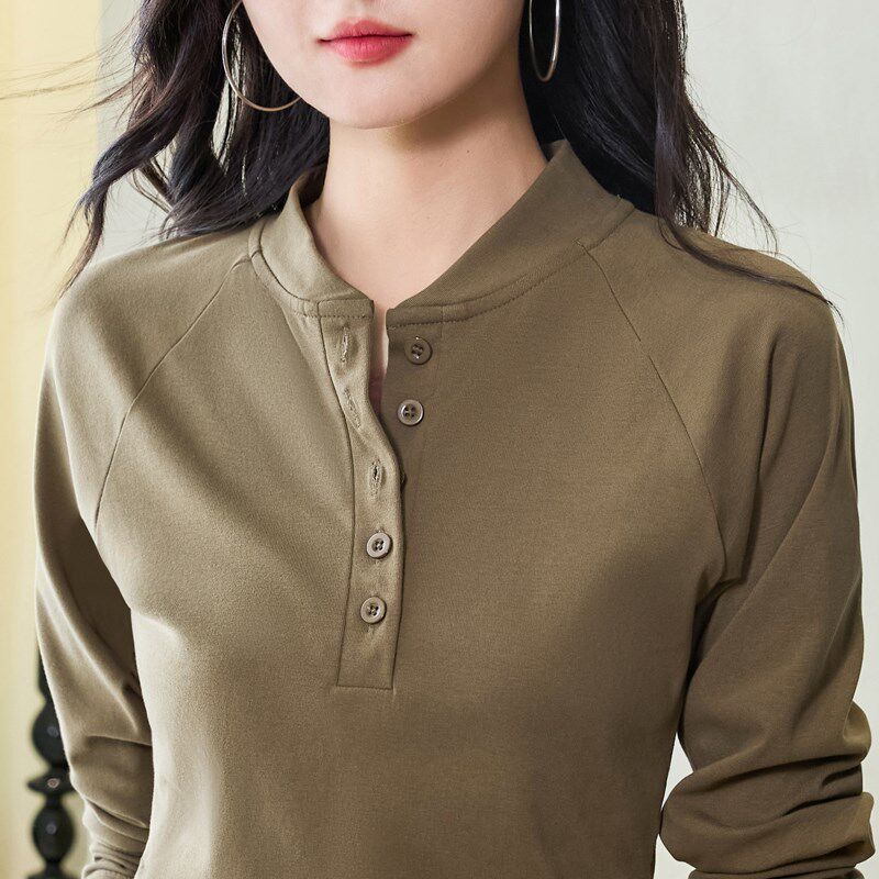 立领扣子纯棉长袖t恤女大码显瘦老人秋衣中老年妈妈春秋打底衫