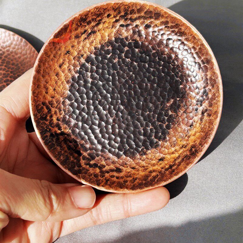 檀山铜制纯紫铜茶托盘杯r托手工锻打杯垫圆形中式茶盘铜碟隔热茶