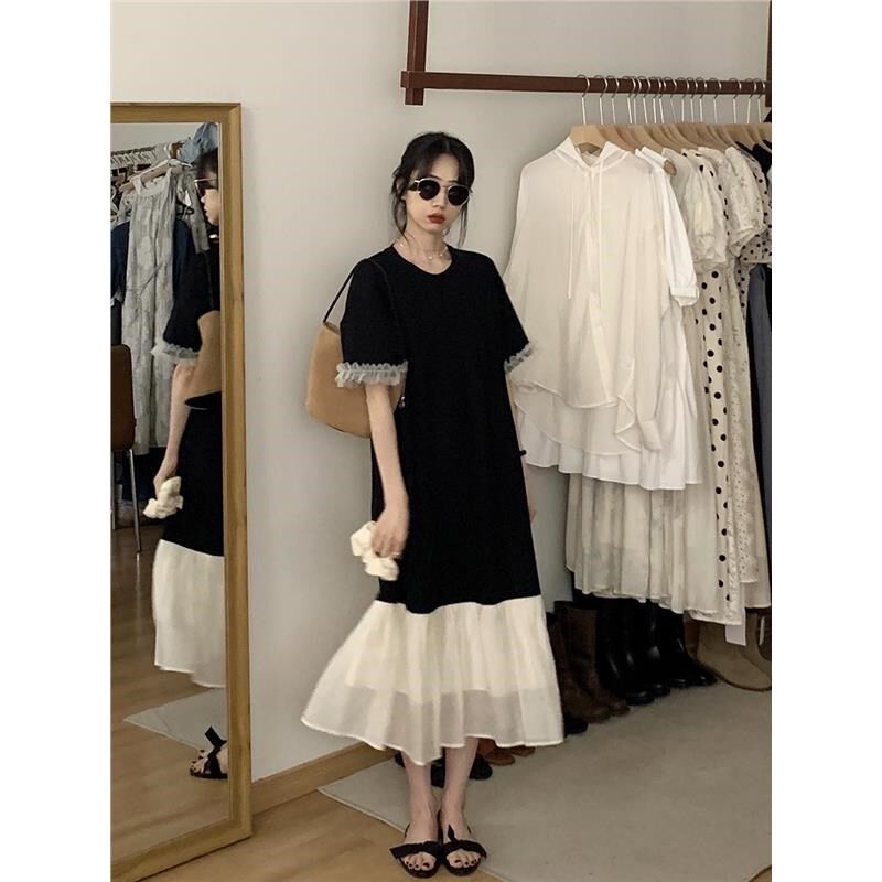 夏季薄款黑色短袖T恤连衣裙大码女装2025年拼接设计感鱼尾长裙子