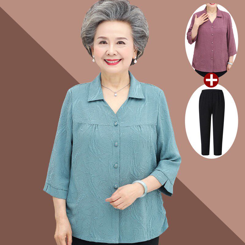 中老年人夏装女衣服妈妈装春秋外套6070岁奶奶衬衣套装加肥加大码