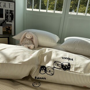 卡通黑白条d纹小猫被套全棉单件单双人被子被罩宿舍180x220cm