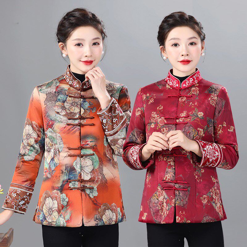 奶奶冬装外套女中老年唐装棉袄喜庆妈妈印花盘扣夹棉老人太太棉服