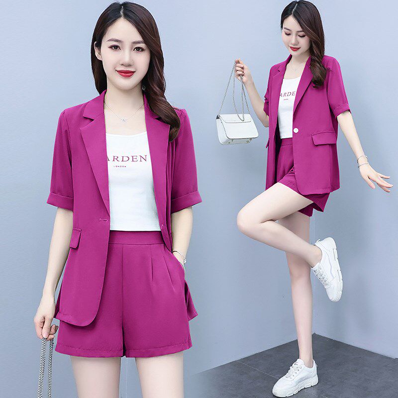 时尚西装套装女2024年夏季新款炸街小个子短裤短袖西服职业两件套