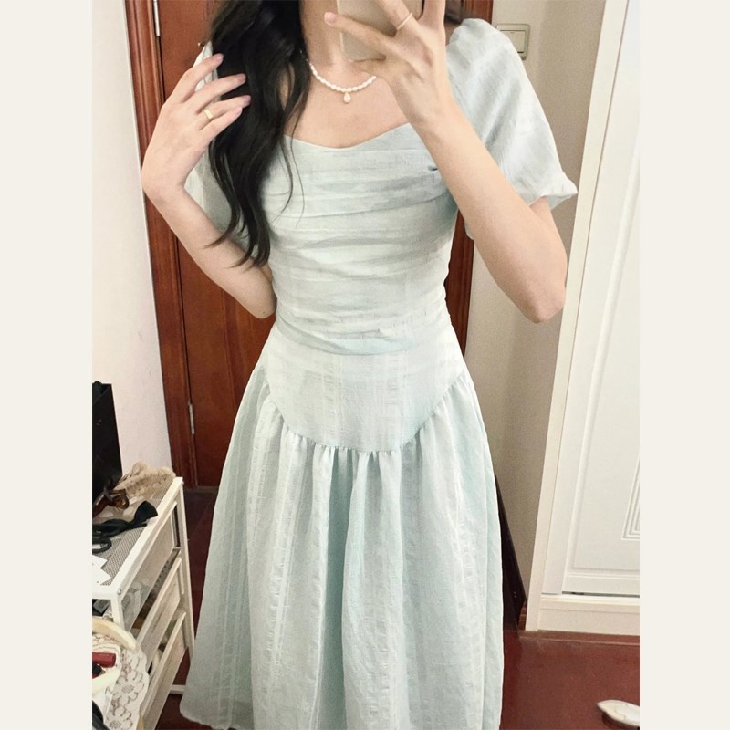 高级设计感蓝色法式泡泡袖上衣收腰显瘦长裙两件套连衣裙女夏季