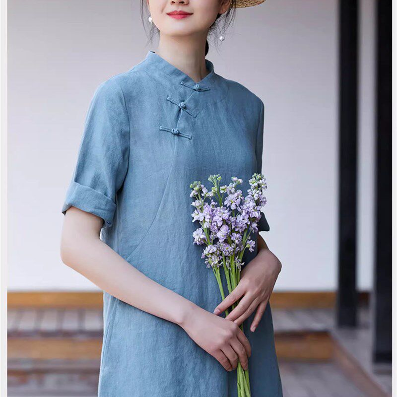 文艺复古裙子A版亚麻盘扣连衣裙中长襟小立领改良旗袍裙女夏裙