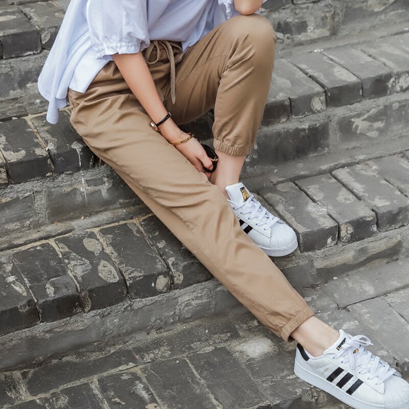 卡其色裤子女束腿大码工装裤女夏季薄款束脚运动休闲女裤九分哈伦