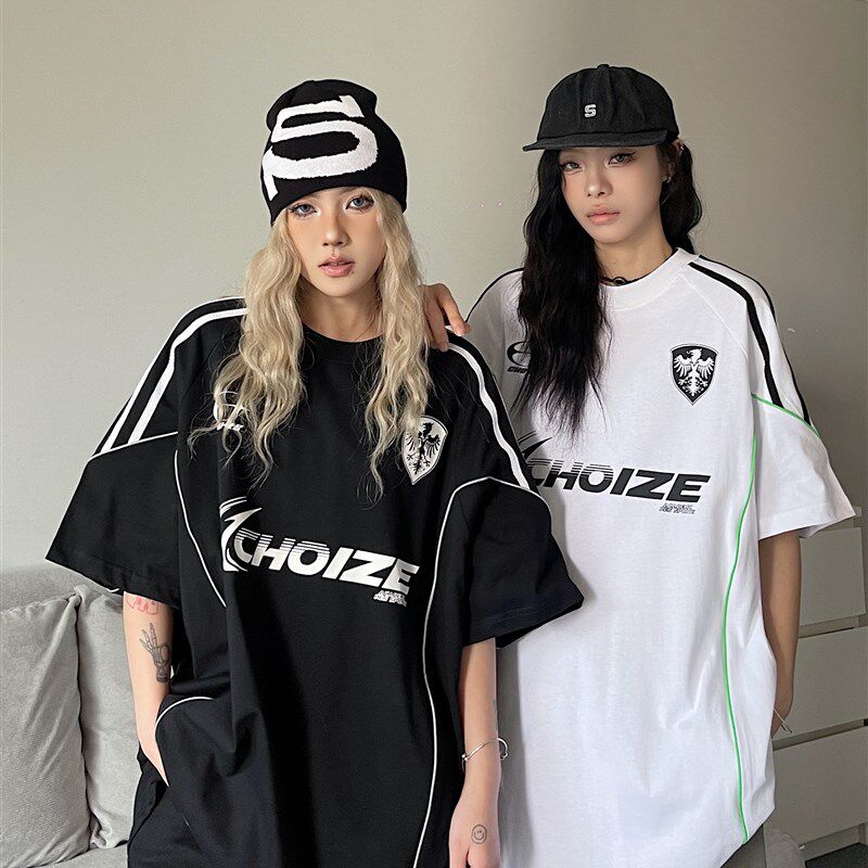 咕咕白美式街头明线撞色短袖男女宽松圆领赛车机能tee球服情侣T恤