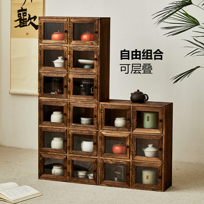 实木茶具收纳柜开门式紫s砂壶多宝阁博古架茶壶茶杯架置物架陈列