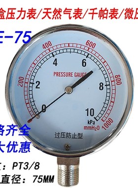 YE75过压防止型微压表5 10 20 30 50kpa瓦斯膜盒压力表气压表