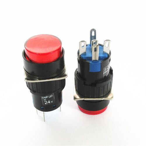 24V银触点LED灯开孔16MM LA16点动开关圆形平钮按钮开关红色/绿色